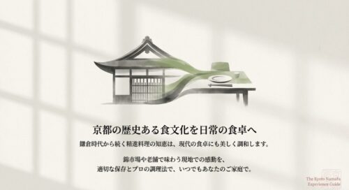 京都の歴史ある食文化を日常の食卓へ届けるというメッセージが添えられた、伝統的な和室と食卓のイメージイラスト