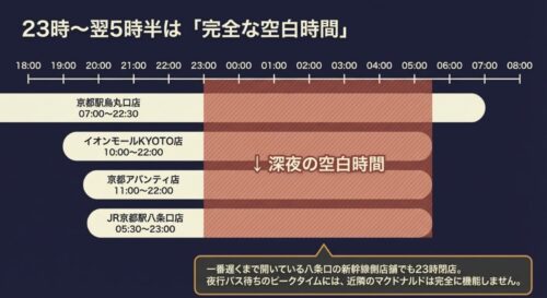 京都駅周辺にあるマクドナルド4店舗の営業時間のタイムライン図。23時から翌5時半は完全な空白時間となり、夜行バス待ちのピークタイムには近隣のマクドナルドが完全に機能しないことを示している 。