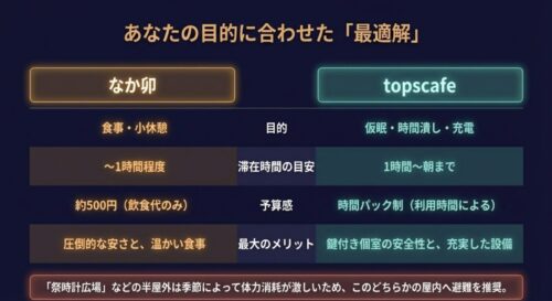 目的に合わせた最適解の比較表。1時間程度の食事休憩なら圧倒的な安さの「なか卯」、1時間から朝までの仮眠や充電なら鍵付き個室など設備が充実した「topscafe」を推奨している 。
