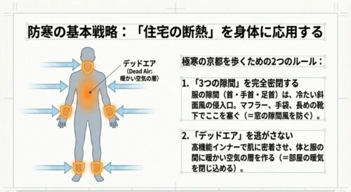 人体の首・手首・足首の3つの隙間を塞ぎ、デッドエア（暖かい空気の層）を逃さないための防寒の基本ルールを図解