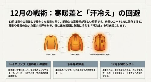 ベースレイヤー、ミッドレイヤー、アウターの3層構造で寒暖差と汗冷えを回避する12月の服装術
