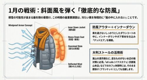 防風アウター、インナーダウン、大判ストールを組み合わせて斜面風を物理的に弾く1月の防寒アーマーコンセプト図