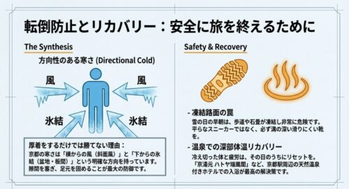 横からの斜面風と下からの氷結という京都特有の寒さの方向性と、防滑ブーツでの転倒防止、温泉でのリカバリーを示す図解