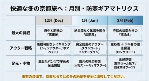 12月、1月、2月の月別に、最大の脅威、アウター戦略、足元・小物の対策を一覧にまとめた防寒ギアマトリクス表
