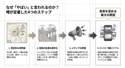 山科の噂が定着した4つのステップ（歴史的な境界線、昭和の急激な都市化、メディアの誇張、ネットの「確証バイアス」）を解説したスライド 。