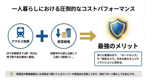 アクセス抜群で家賃相場が京都市中心部より1〜2割安いことを示す図解。浮いた家賃で高セキュリティマンションに住めるメリットを紹介 。