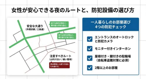 山科区の安全な大通り（外環状線・三条通）と注意すべきルートの地図、および一人暮らしのお部屋選びにおける4つの防犯チェックリスト 。