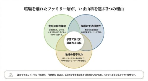 豊かな自然環境、抜群の生活利便性、地域の見守り力という3つの要素が交わる、子育て世代が山科を選ぶ理由を示すベン図 。