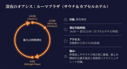 14時のチェックインから翌日12時まで最大22時間滞在可能な、男性専用施設ルーマプラザのタイムサイクル図画像 14時のチェックインから翌日12時まで最大22時間滞在可能な、男性専用施設ルーマプラザのタイムサイクル図画像