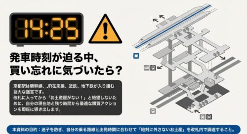 デジタル時計のカウントダウンと警告マークのイラスト。「発車時刻が迫る中、買い忘れに気づいたら？」という旅行者の焦りを代弁するメッセージ。