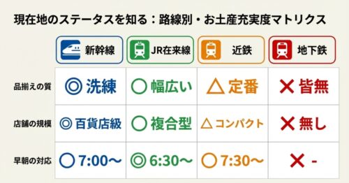 現在地のステータスを示すマトリクス表。新幹線、JR在来線、近鉄、地下鉄の各路線における「品揃えの質」「店舗の規模」「早朝の対応」を比較している。