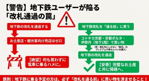 大きな警告マークと進入禁止のイラスト。地下鉄の改札内にはお土産店や観光客向け売店がゼロであること、必ず改札を通る前に買い物を済ませるべきという注意喚起。