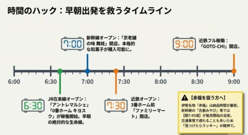 朝6時から9時までの時間軸グラフ。JRの6時30分オープン、新幹線の7時オープンなど、各店舗の開店時間と赤福の納品目安時間がまとめられている。
