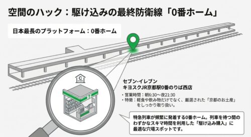 日本最長のプラットフォームである京都駅0番ホームにあるセブン-イレブン・キヨスクの店舗情報。朝6時30分から夜21時30分まで営業し、京都土産を取り扱っていることが書かれている。