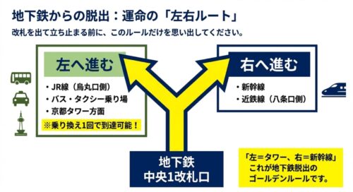 地下鉄中央1改札口を出て左へ進むとJR線や京都タワー方面、右へ進むと新幹線や近鉄線方面へ行けることを示す画像 
