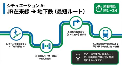 ホームの階段を下りて地下東口を経由し、地下鉄中央改札口へ向かう4つのステップを図解