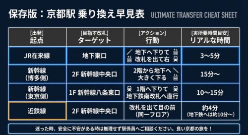 出発地点から目指す改札とアクション、実際の所要時間の目安をまとめた早見表