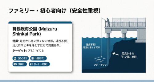 舞鶴親海公園など、足元に落とすだけでサビキ釣りが楽しめる安全性重視の無料スポットを紹介するスライド画像