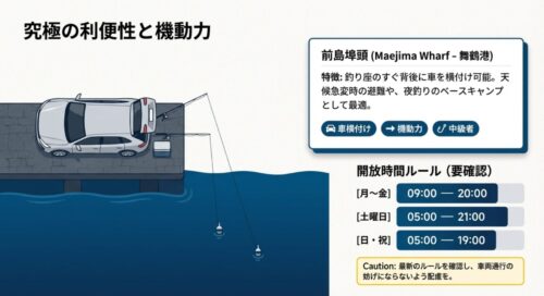 車を横付け可能で機動力が高い舞鶴港・前島埠頭の特徴と、曜日ごとの開放時間ルールを示すスライド画像