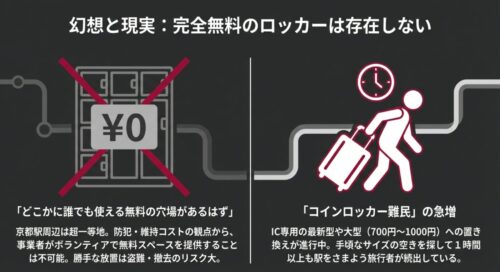 京都駅周辺の超一等地では、防犯や維持コストの観点から誰でも使える完全無料のコインロッカーは存在しないことを示す図解