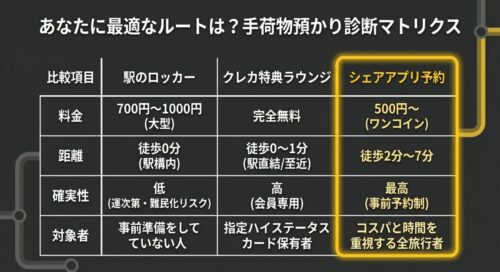 駅のロッカー、クレカ特典ラウンジ、シェアアプリ予約における料金、距離、確実性、対象者を比較したマトリクス表