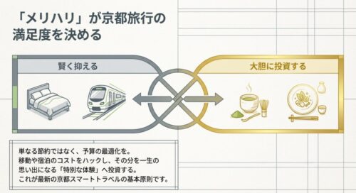 宿泊や交通を賢く抑え、食事や特別な体験に大胆に投資するという、京都旅行における予算の最適化を図解したスライド 。