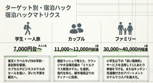 学生・一人旅(7,000円台〜) 、カップル(11,000〜12,000円前後) 、ファミリー(30,000〜40,000円程度)のターゲット別に 、宿泊予算の目安と最適解をまとめたマトリクス表 。