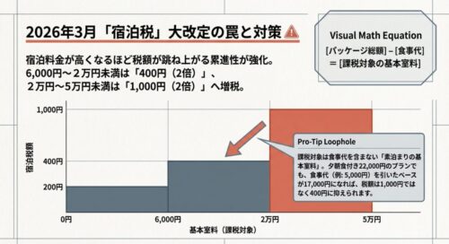 2026年3月の宿泊税大改定による累進性の強化と 、課税対象から食事代を控除して税額を抑える対策を解説した図解スライド 。
