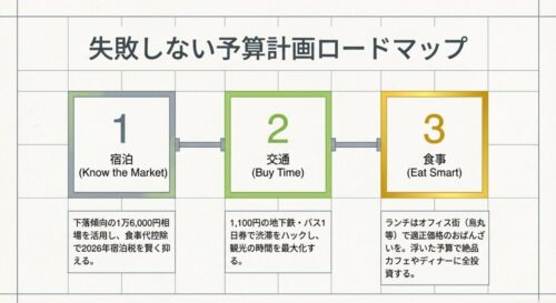 宿泊、交通、食事の3つの観点から 、相場を活用し、時間を買い、賢く食べるという予算計画のロードマップをまとめた表 。