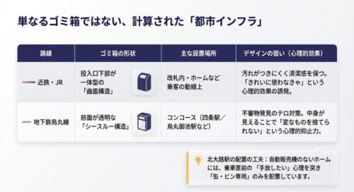 近鉄・JRの「曲面構造」と地下鉄烏丸線の「シースルー構造」のゴミ箱について、主な設置場所とデザインがもたらす心理的効果を比較した一覧表