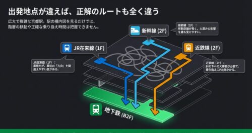 出発地点が違えば正解のルートも全く違うことを示す京都駅の立体図。JR在来線は1F、新幹線と近鉄線は2F、地下鉄はB2Fにあることが示されています。