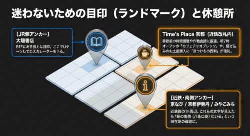 B1Fの強力な目印である大垣書店や、近鉄改札内のTime's Place 京都、駅南側アンカーの京なび・京都伊勢丹・みやこみちなどのランドマーク情報。