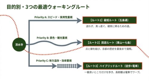 スピード重視の最短ルート、景色重視の周遊ルート、体力温存重視のハイブリッドルートの3つの選択肢を提示した図解