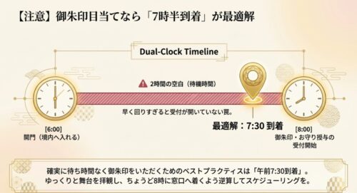 御朱印とお守り授与の受付開始時間(朝8時)から逆算した、午前7時半到着が最適解となるデュアルクロックタイムライン
