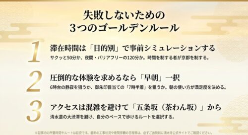 滞在時間の事前シミュレーション、早朝の活用、五条坂からのアクセスという3つのゴールデンルールのまとめ