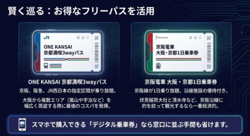 京都満喫3wayパスや京阪電車大阪・京都1日乗車券などのお得なフリーパスを活用するスライド
