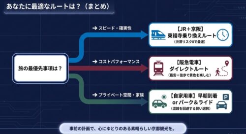 旅の最優先事項に合わせて、JRと京阪、阪急電車、自家用車のどれが最適かをまとめた結論スライド