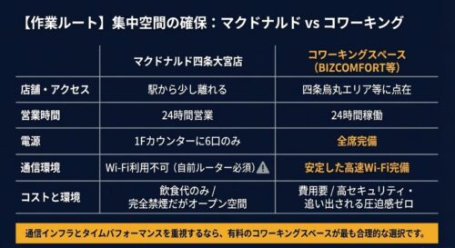 深夜の作業空間として、マクドナルド四条大宮店とコワーキングスペースを比較した表