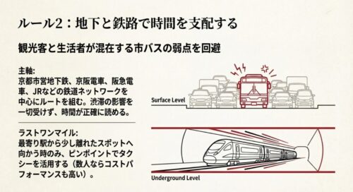ルール2「地下と鉄路で時間を支配する」の図解 。地上の市バス渋滞を避け、地下鉄や鉄道ネットワークを主軸にして移動し、最寄り駅から離れた場所のみタクシーを活用する戦略をイラストで示している 。