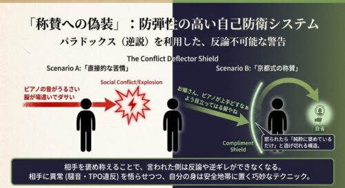 「称賛への偽装」について図解したスライド 。ピアノの音がうるさい、服が場違いといった直接的な苦情を避け、相手を褒め称えることで反論や逆ギレを防ぎつつ異常を悟らせる構造が描かれている 。