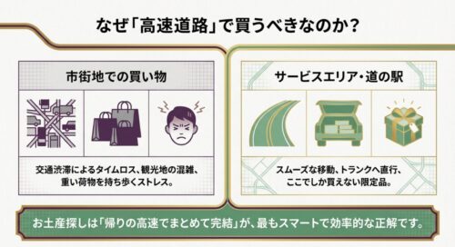 観光地の混雑や荷物を持ち歩くストレスを避け、帰りの高速道路でお土産探しをスムーズに完結させるメリットを表したイラスト