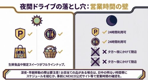 駐車場やトイレは昼夜問わず24時間利用できる一方で、お土産や生鮮食品を買える店舗は夕方から夜にかけて閉店してしまうことを示した図解