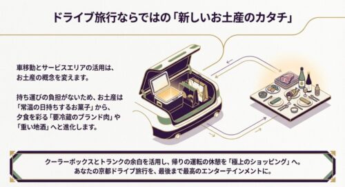 車のトランクに積んだクーラーボックスから、要冷蔵のブランド肉や地酒などの重いお土産がそのまま夕食の食卓に並ぶ様子を描いた、新しいお土産のスタイルを表すイラスト